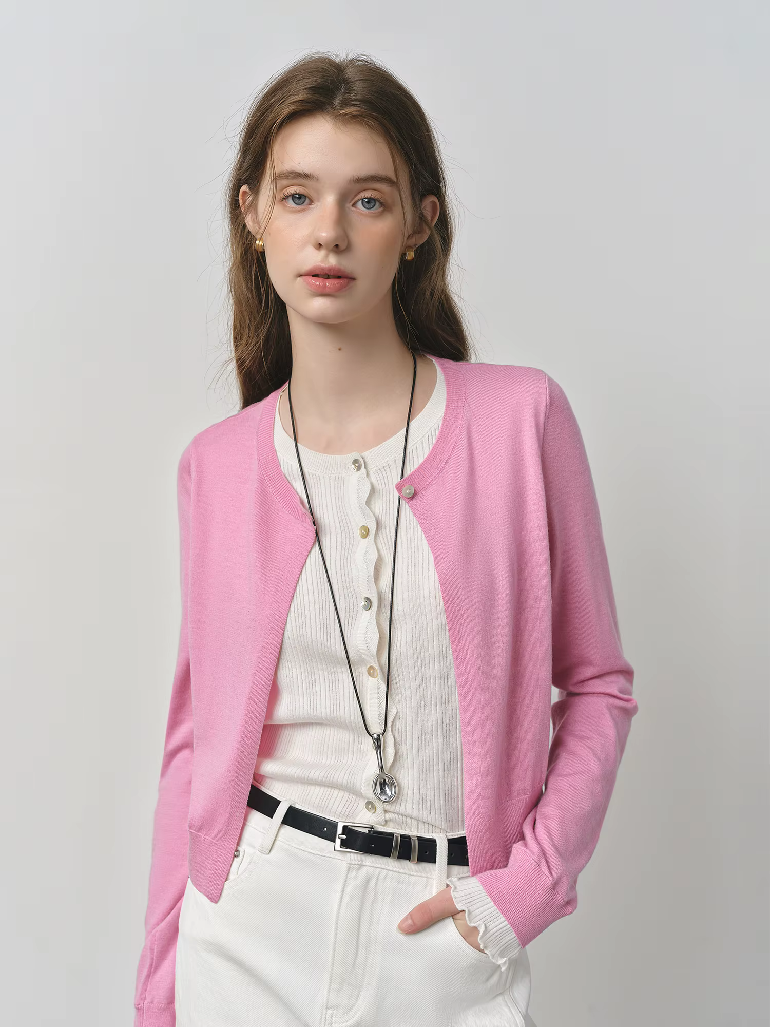 FSLE 2025 automne Style coréen femmes faux deux pièces Cardigan mûrier soie laine mélange couleur bl