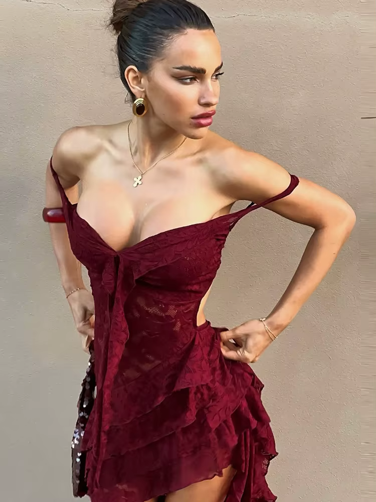 Kliou rubans irréguliers femmes robe Coquette dentelle volants rubans plissé épaules nues pansement