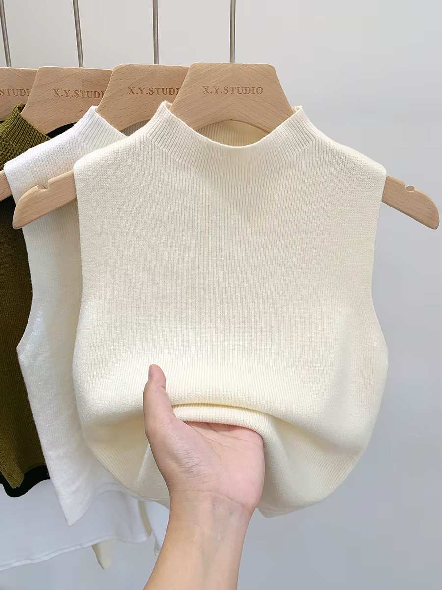 Femmes tricoté débardeur été automne mince pull court sans manches solide printemps automne chandail
