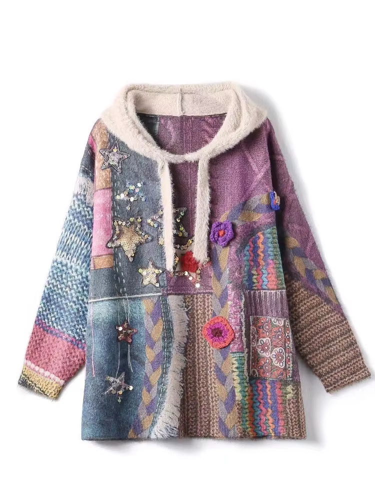 Amax luluE hiver coréen femmes de luxe à capuche imprimé paillettes tricoté chandails femme mode pul