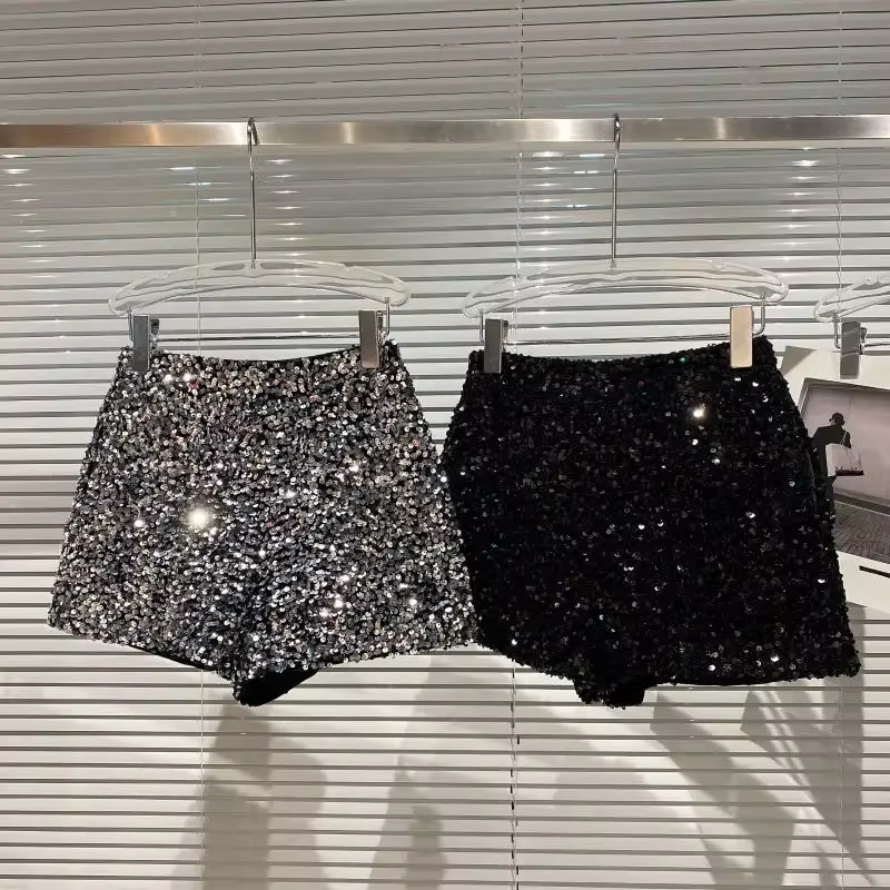 Short en Velours Noir pour Femme, Pantalon Court Polyvalent Brcorporelle à Paillettes, Nouvelle Coll
