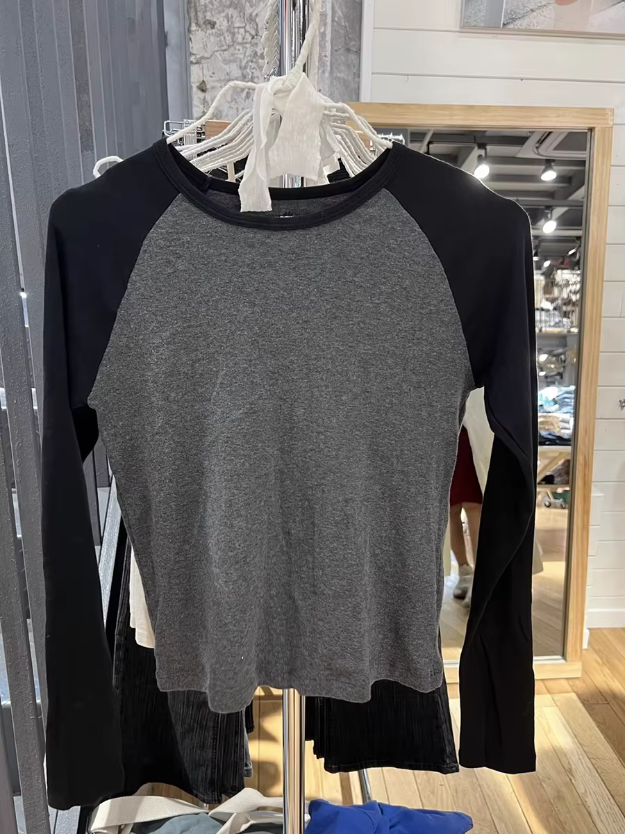 T-shirt Patchwork Slim à Manches sulfpour Femme, Col Rond, en Coton, Streetwear Vintage Américain, Y