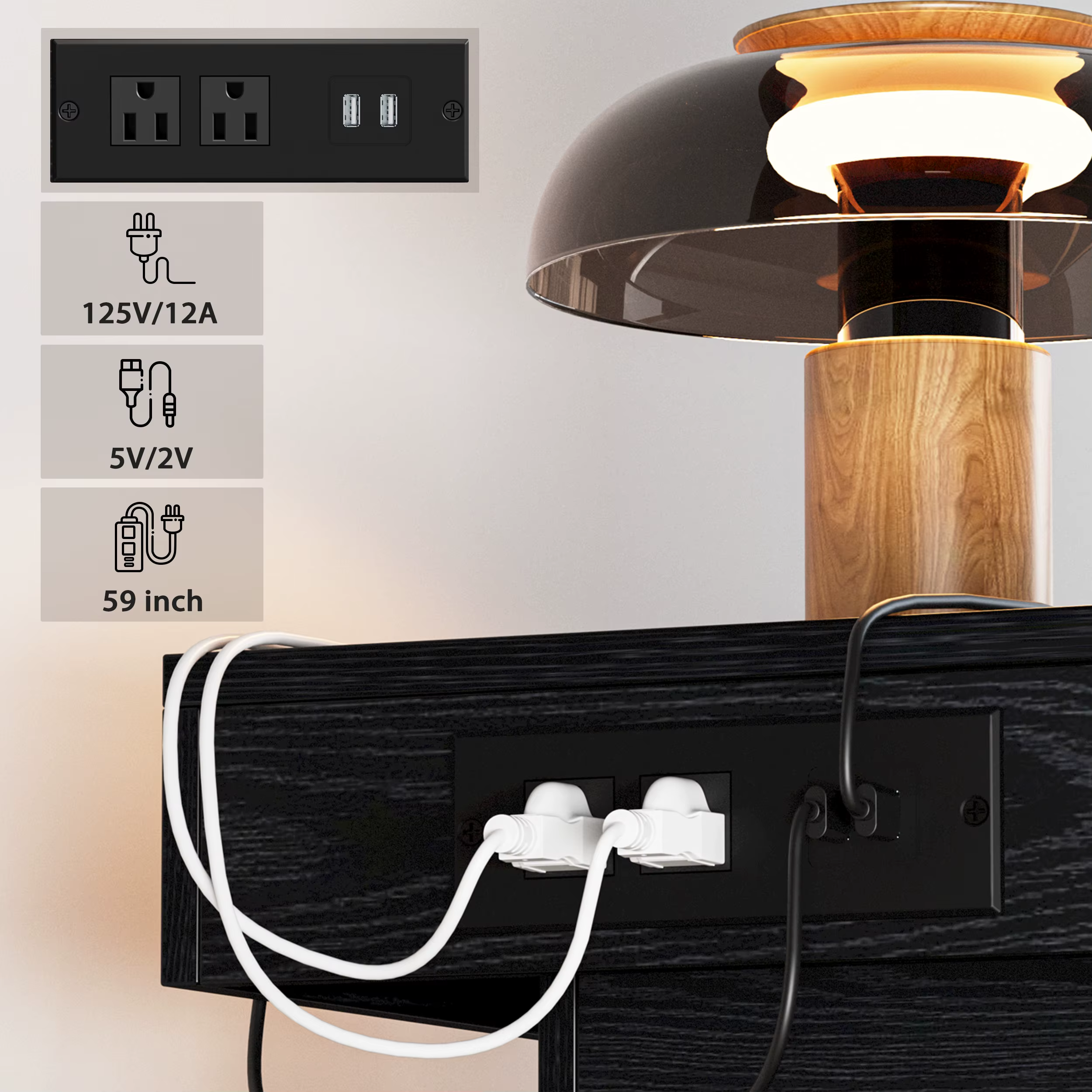 LIKIMIO-Table de chevet avec station de charge, table de chevet moderne avec lumière LED et égouts d