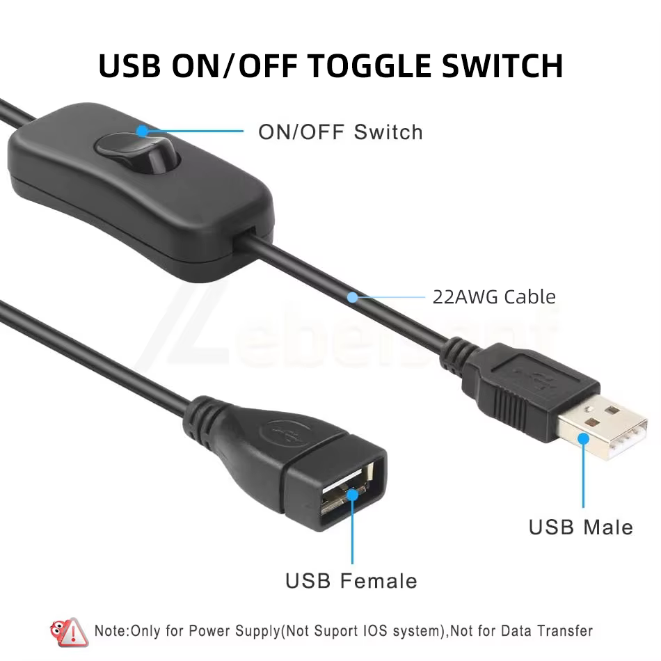 Câble USB mâle à femelle avec interrupteur marche/arrêt, bouton noir et blanc, contrôleur de variate