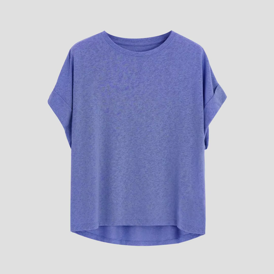 T-shirt femme à manches courtes en coton et lin, col rond, coupe oversize, style dolman, uni, printe
