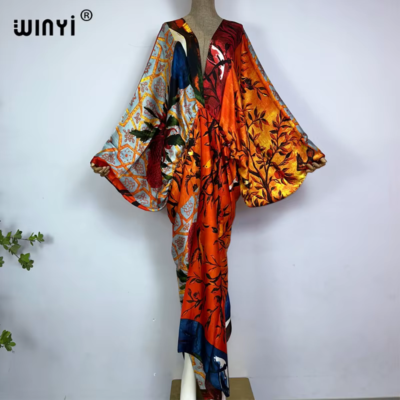 WINYI-Robe longue bohème à col en V pour femmes, Robe longue de plage, Sensation roulée à la main, S