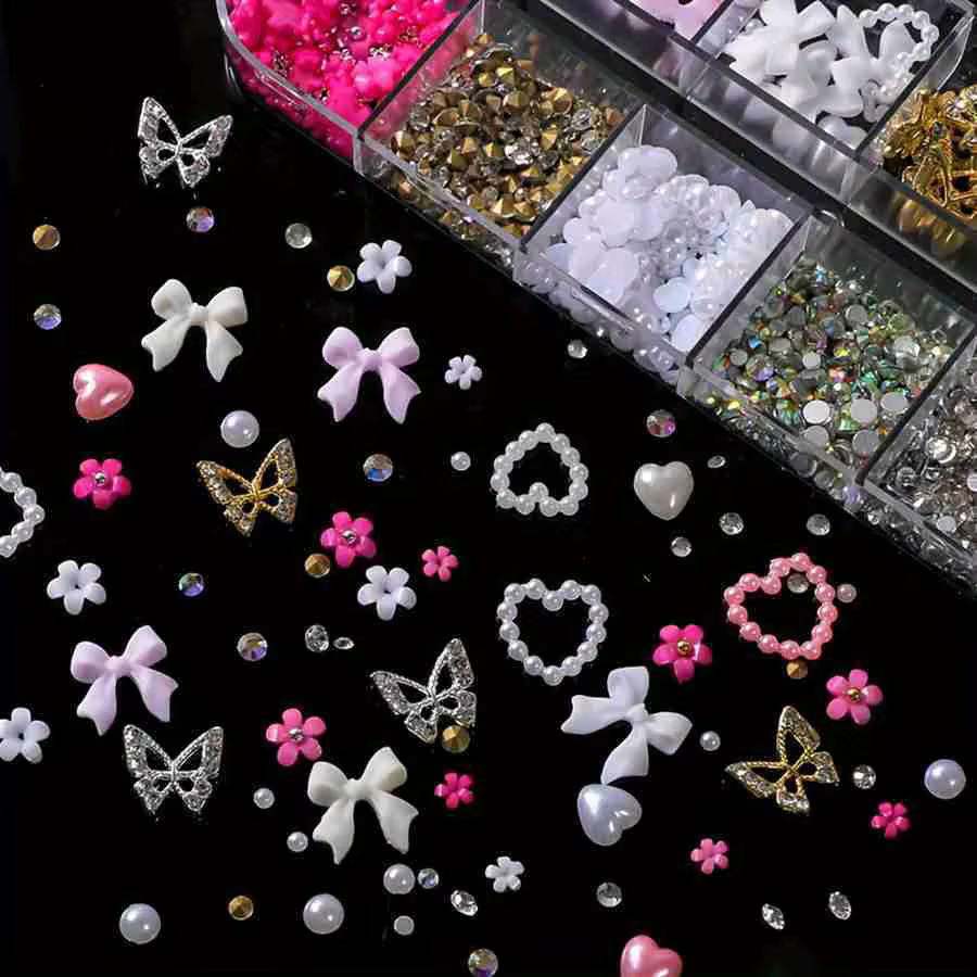 Strass pour ongles en alliage mixte, 12 grilles, nœud papillon, Mini fleur, gemmes, perles, cœur, dé
