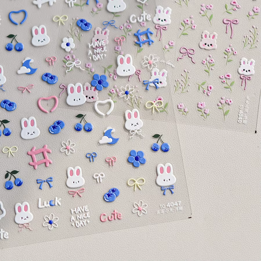 Autocollants pour ongles lapin 5D Kawaii, 1 pièce, dessin animé japonais, fleur rose bleue, adhésif,