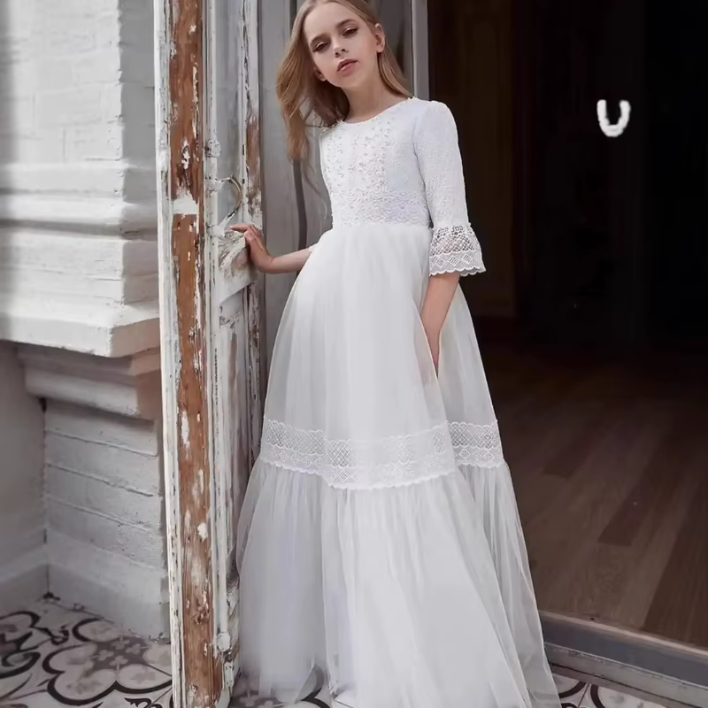 Nouvelle Robe Longue Princesse en Dentelle Blanche 2026 pour Enfants – Tenue Élégante pour Anniversa