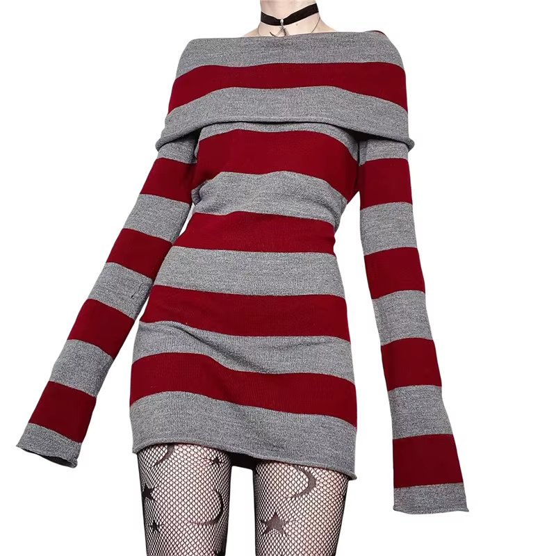 Y2K Pull Rayé Mini Robe Mall Goth Grunge Emo Moulante Chic Femmes Hors Épaule Manches Longues Slim F