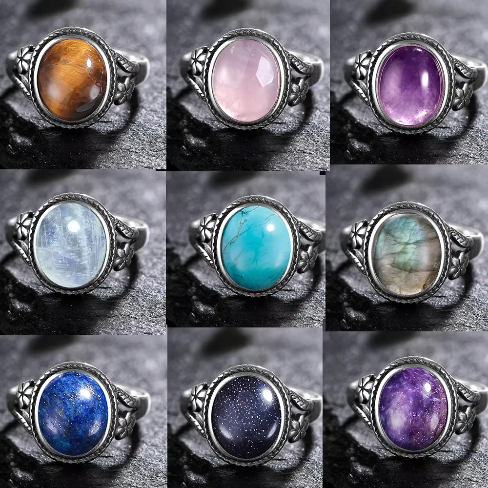 Vinatge bague en argent Bijoux féminins pierre de lune naturelle oeil de tigre anneaux personnalisés