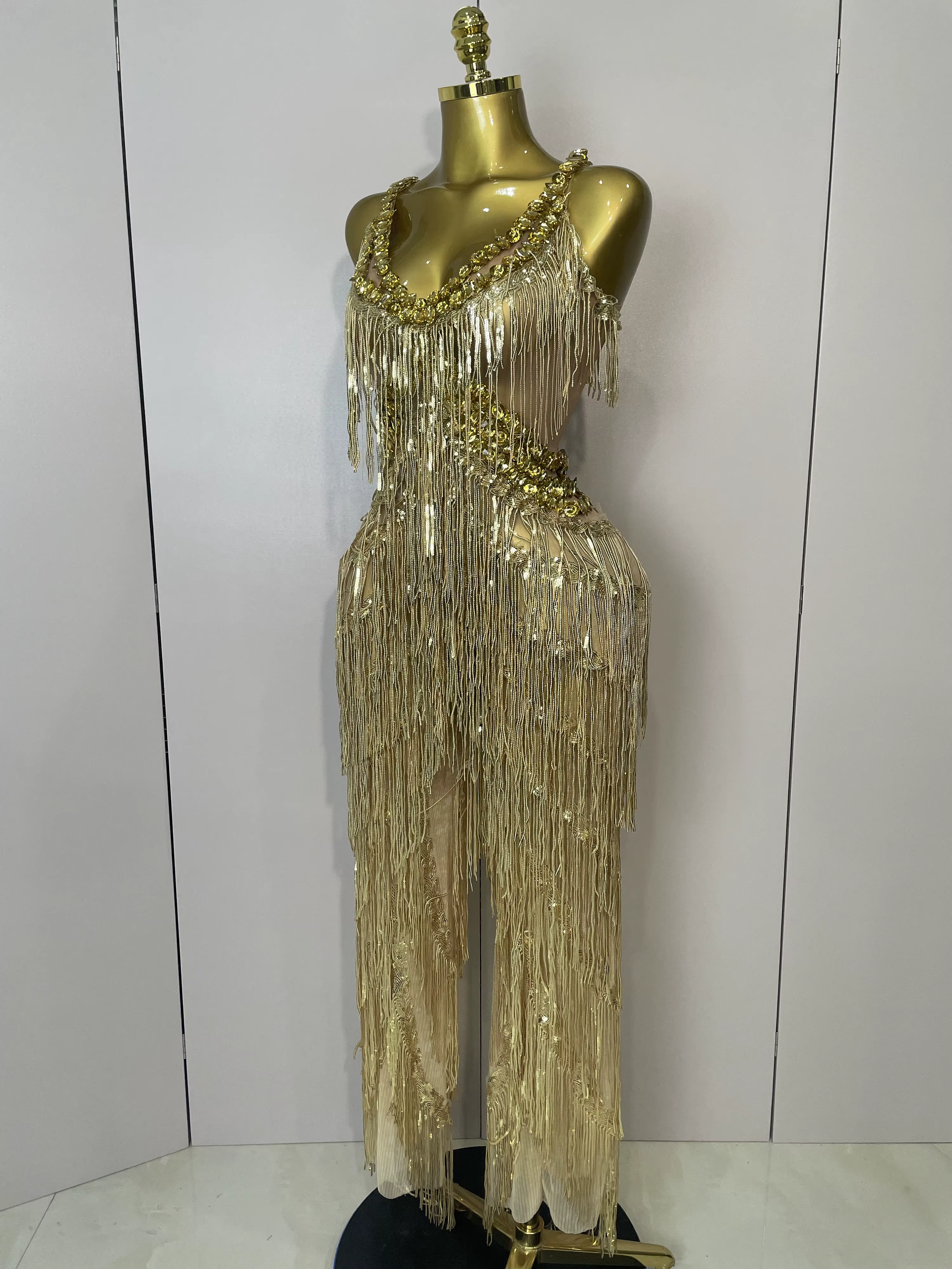 Combinaison à jambes larges pour femmes, strass dorés brillants, franges pailletées, tenue de soirée