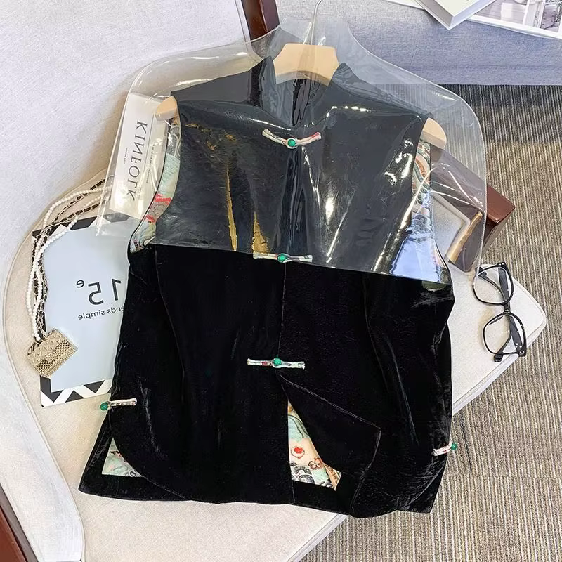 Rongbuk-Manteau Noir à Col Glacé pour Femme, Vêtement de Style Chinois, avec Fente, à la Mode, Autom
