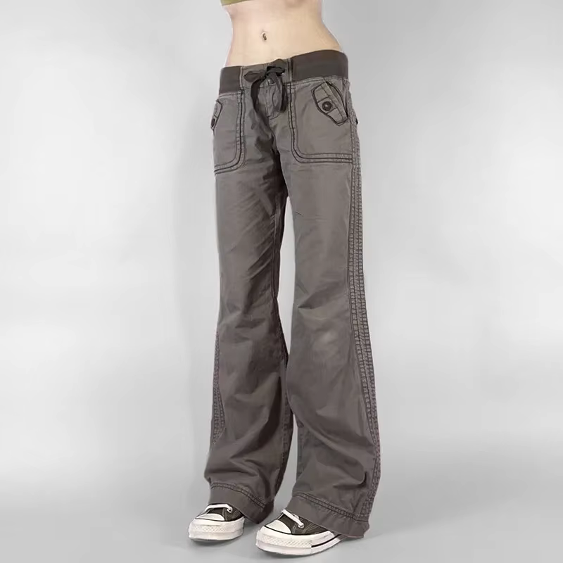 Pantalon rétro à lacets taille basse pour femme, streetwear, patchwork, décontracté, Harajuku, droit