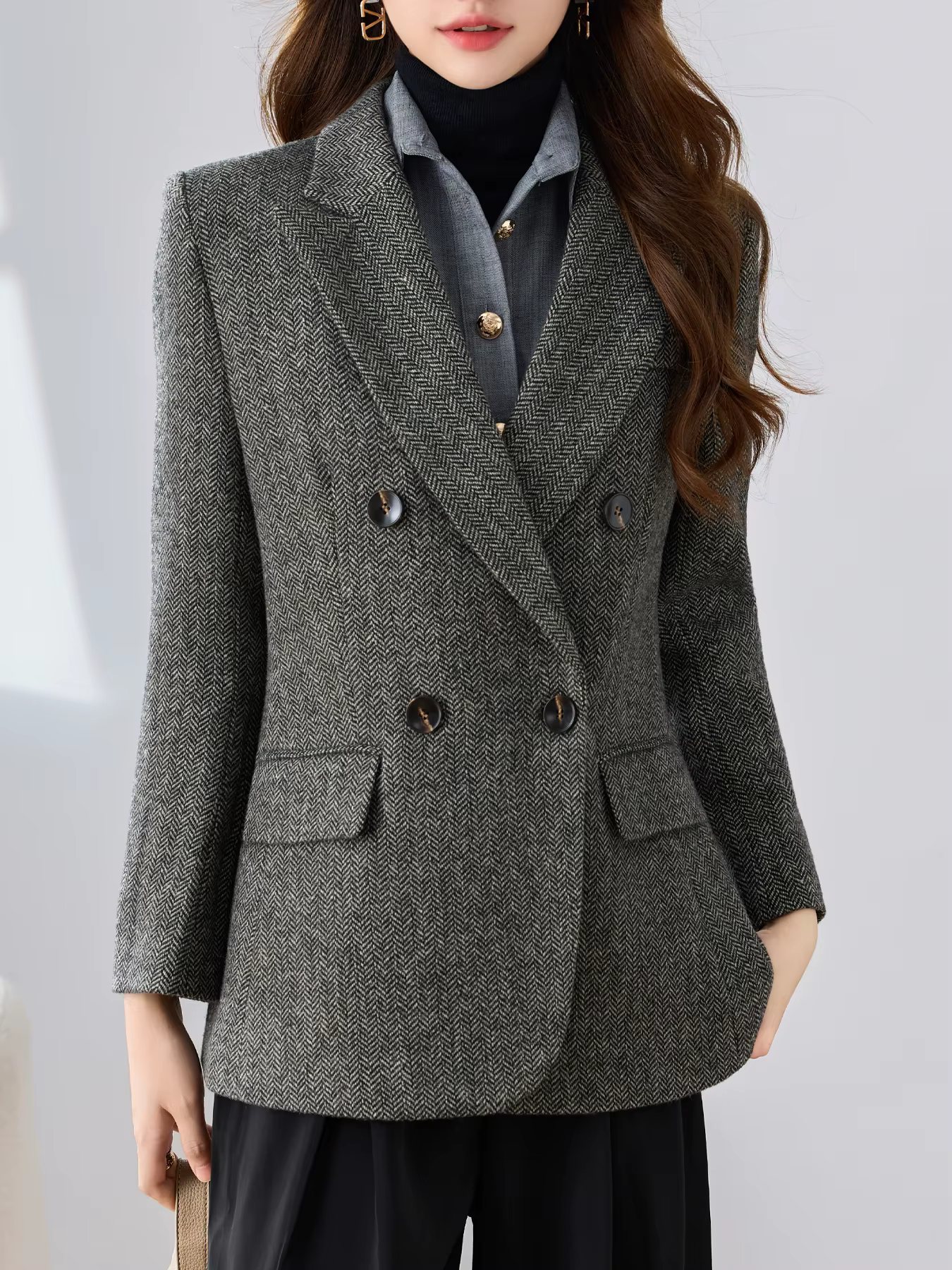 Blazer pied-de-poule à revers, Double boutonnage, avec ourlet fendu, Design élégant, couleur unie, h