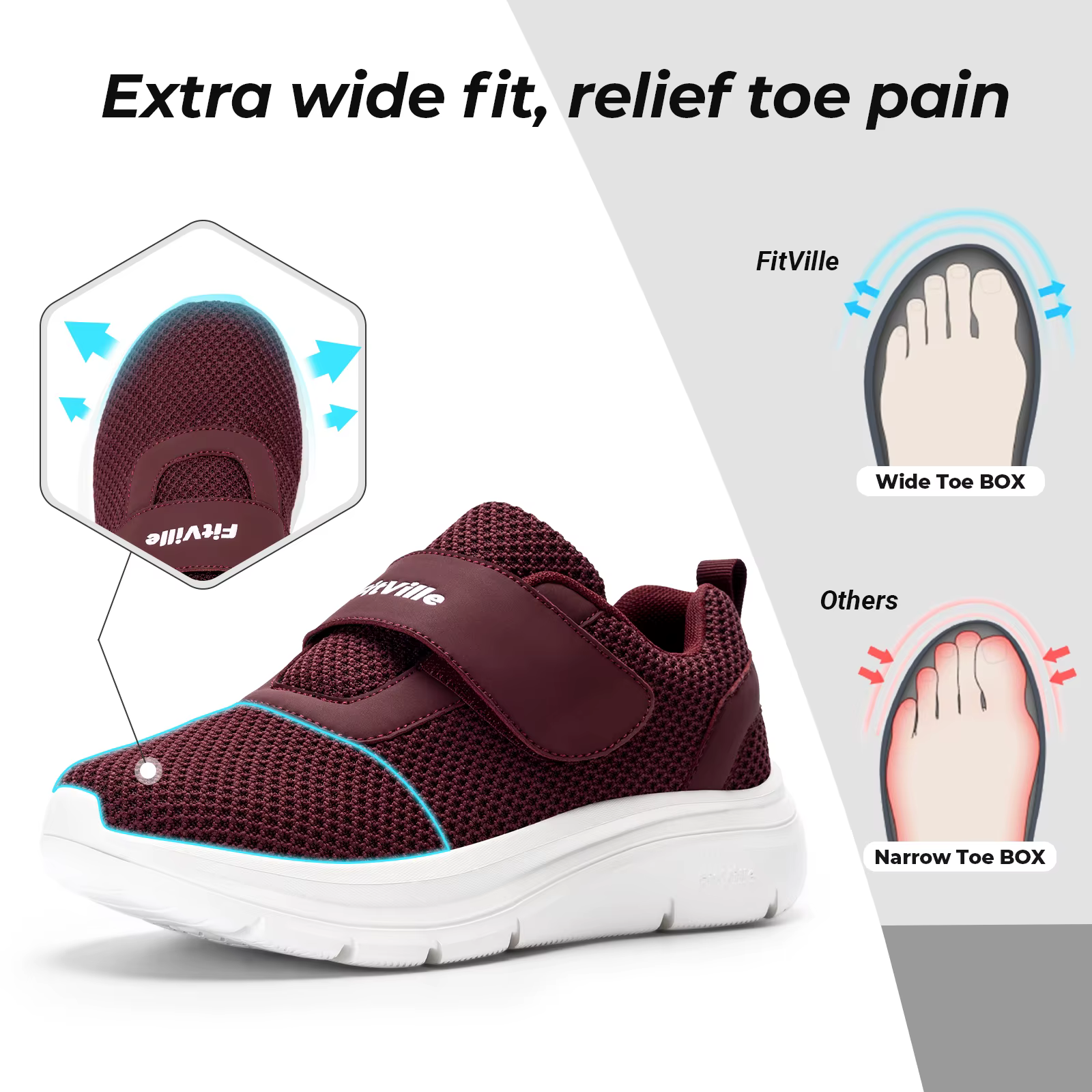 FitVille chaussures pour femmes chaussures larges pour diabète sangle réglable pour pieds gonflés sa