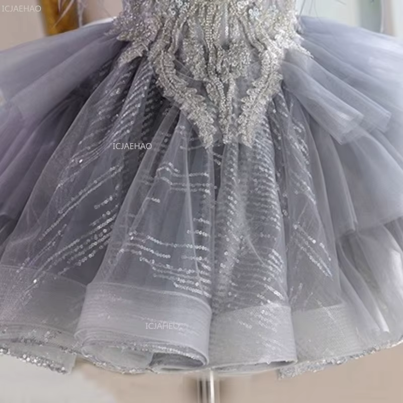 Robe de bal princesse grise pour filles, robe de fête d'anniversaire pour enfants, hôte de spectacle