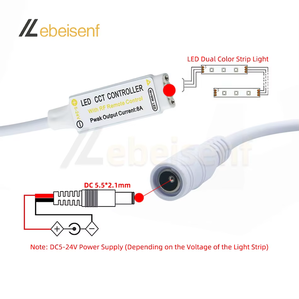 Variateur LED double couleur 5V 12V 24V, télécommande sans fil RF, prise USB DC, 3 broches 2700-6500