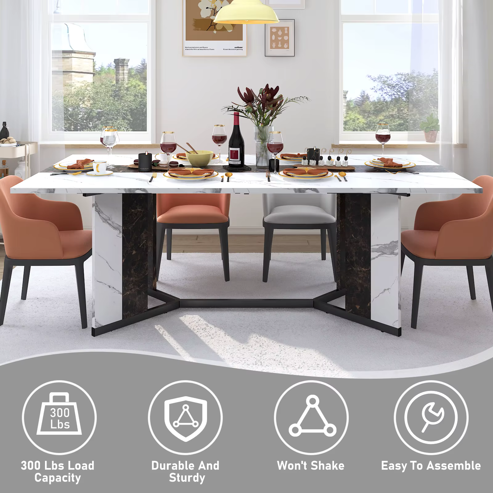 Grande table à manger rectangulaire luxueuse de 71 po pour 6 8 10 personnes, table queen familiale a