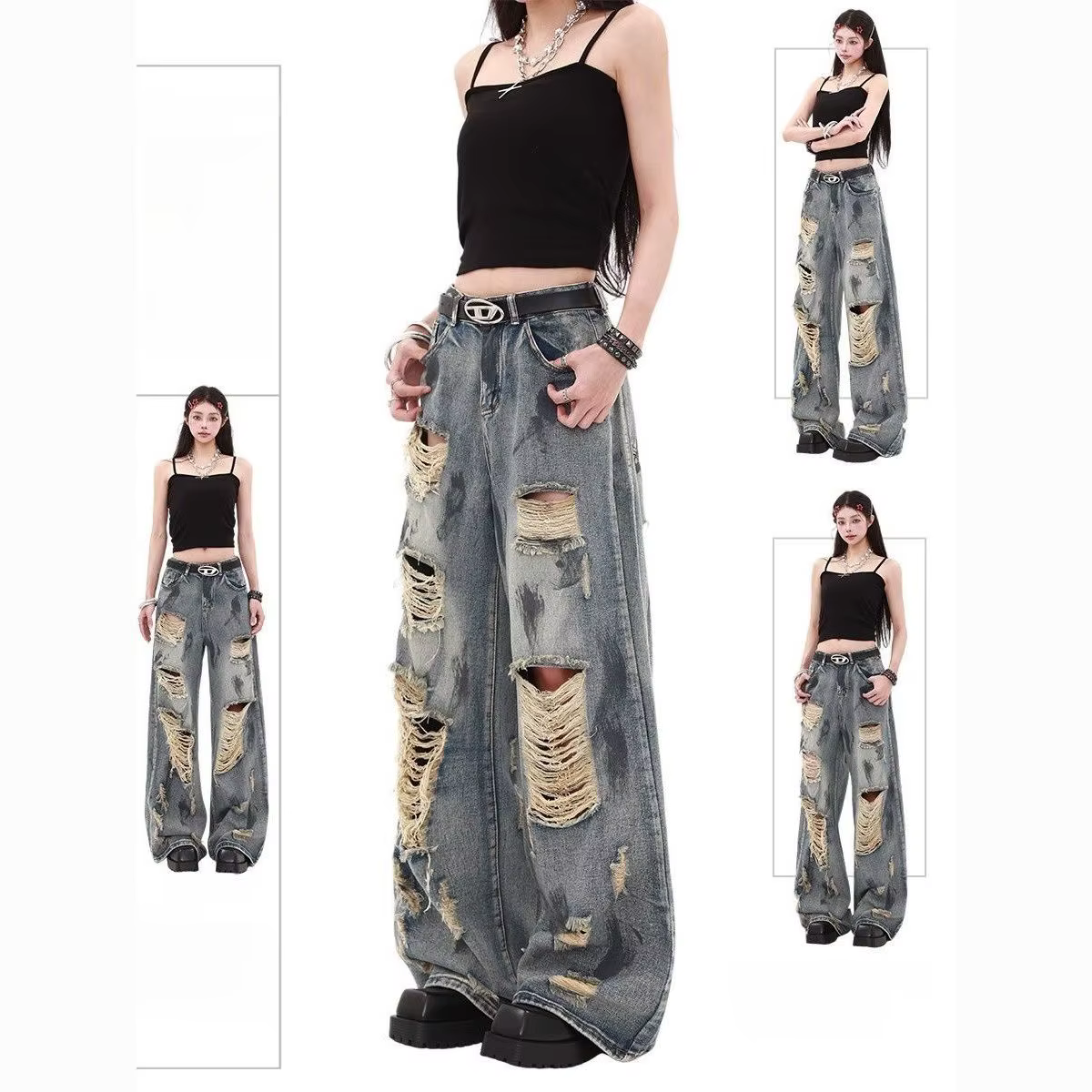 Jean ample bleu déchiré style Y2K rétro américain taille haute tendance pour hommes et femmes, coupe