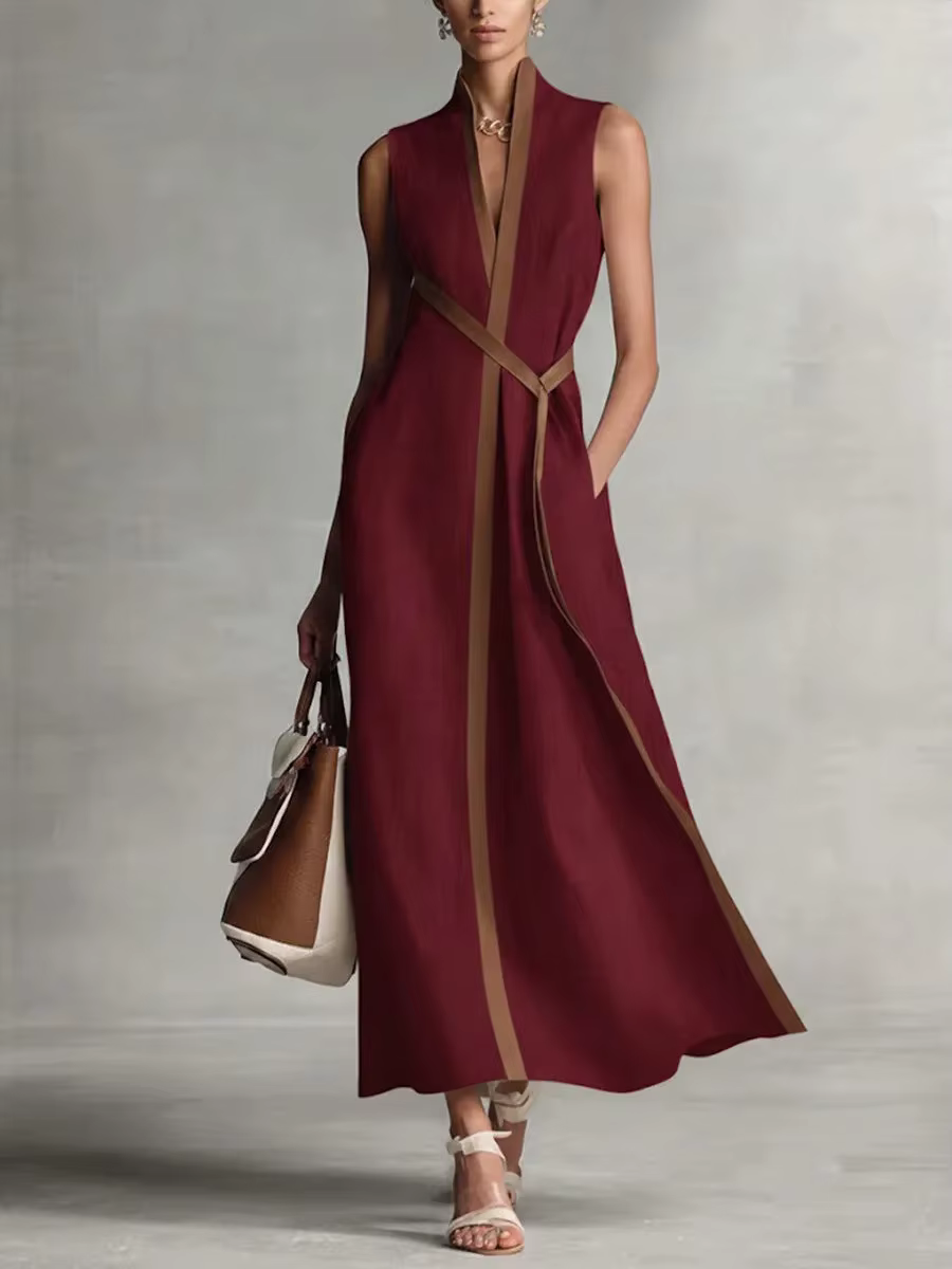 Nouvelle Robe Élégante Sans Manches Col V en Coton et Lin Coupe Slim Taille Haute Color-block 2026