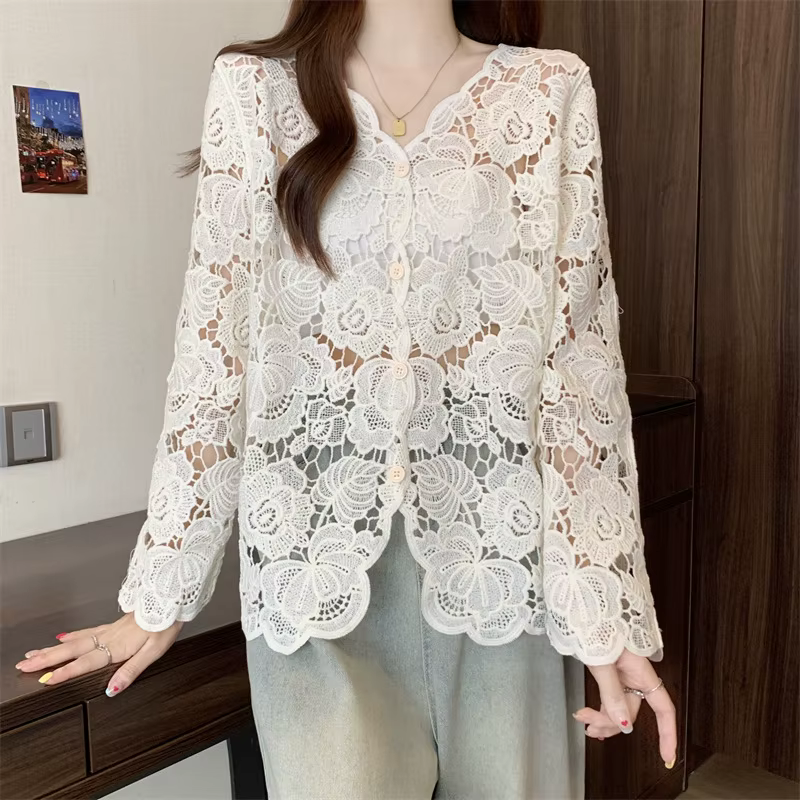 Boring Honey grande taille dentelle Crochet évider col en v chemise à manches longues femmes à la mo