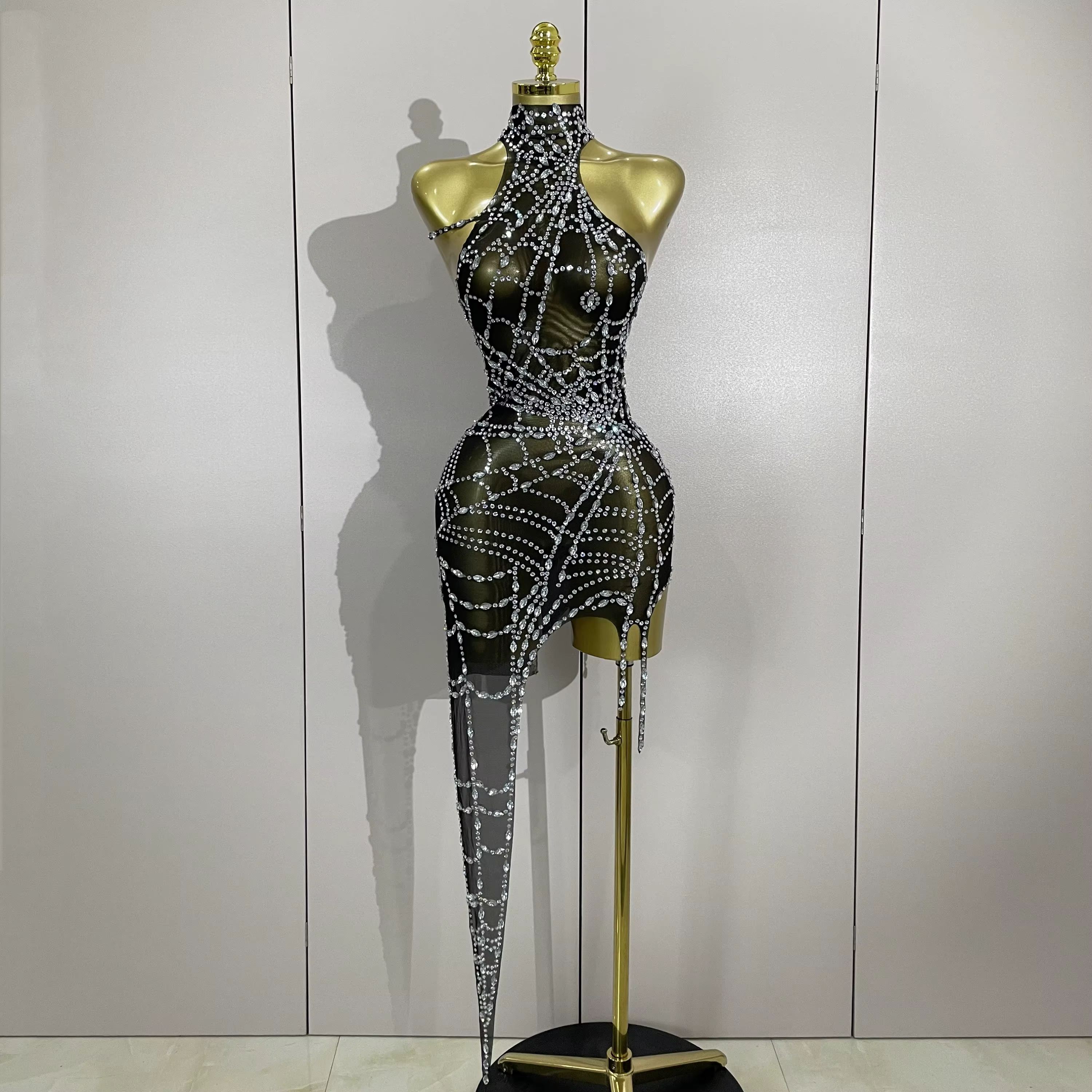 STOCK brillant diamant Sexy maille asymétrique moulante Mini robe femmes discothèque Bar fête specta