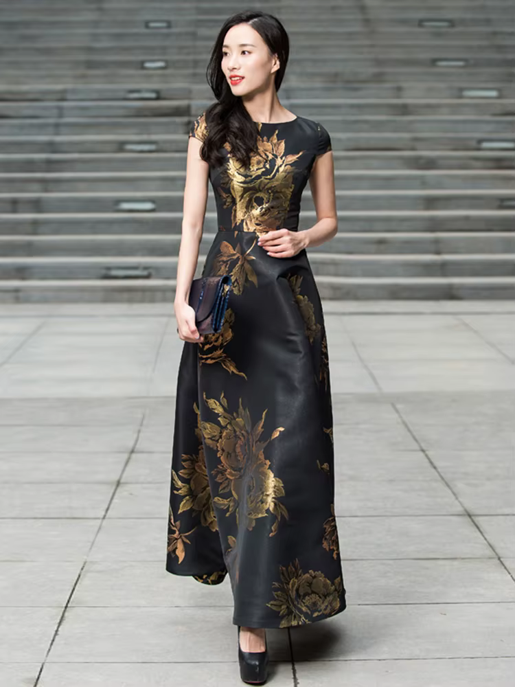 Robe Jacquard Vintage Élégante pour Femmes avec une Silhouette Maxi Évasée Cintrée à la Taille, Idéa