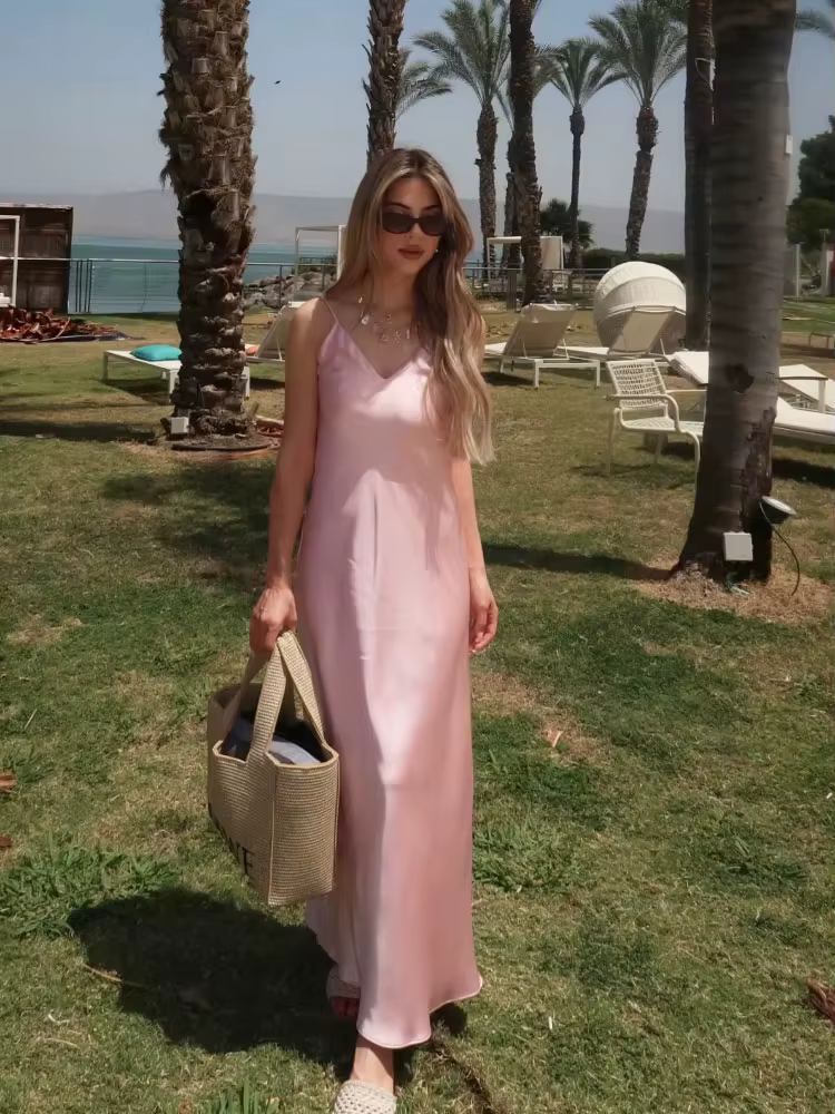 HH femmes été jaune tache col en V fronde robe élégante sans manches ample Maxi Robes 2025 nouvelles
