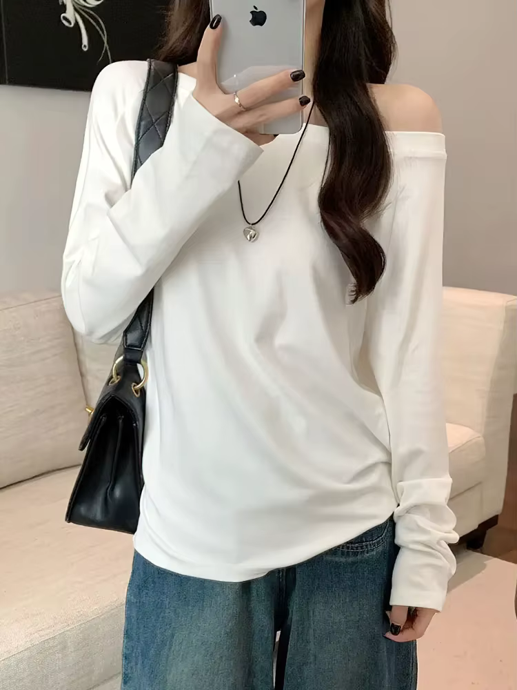 Surdimensionné épaules dénudées à manches longues t-shirt femmes couleur unie décontracté hauts dame