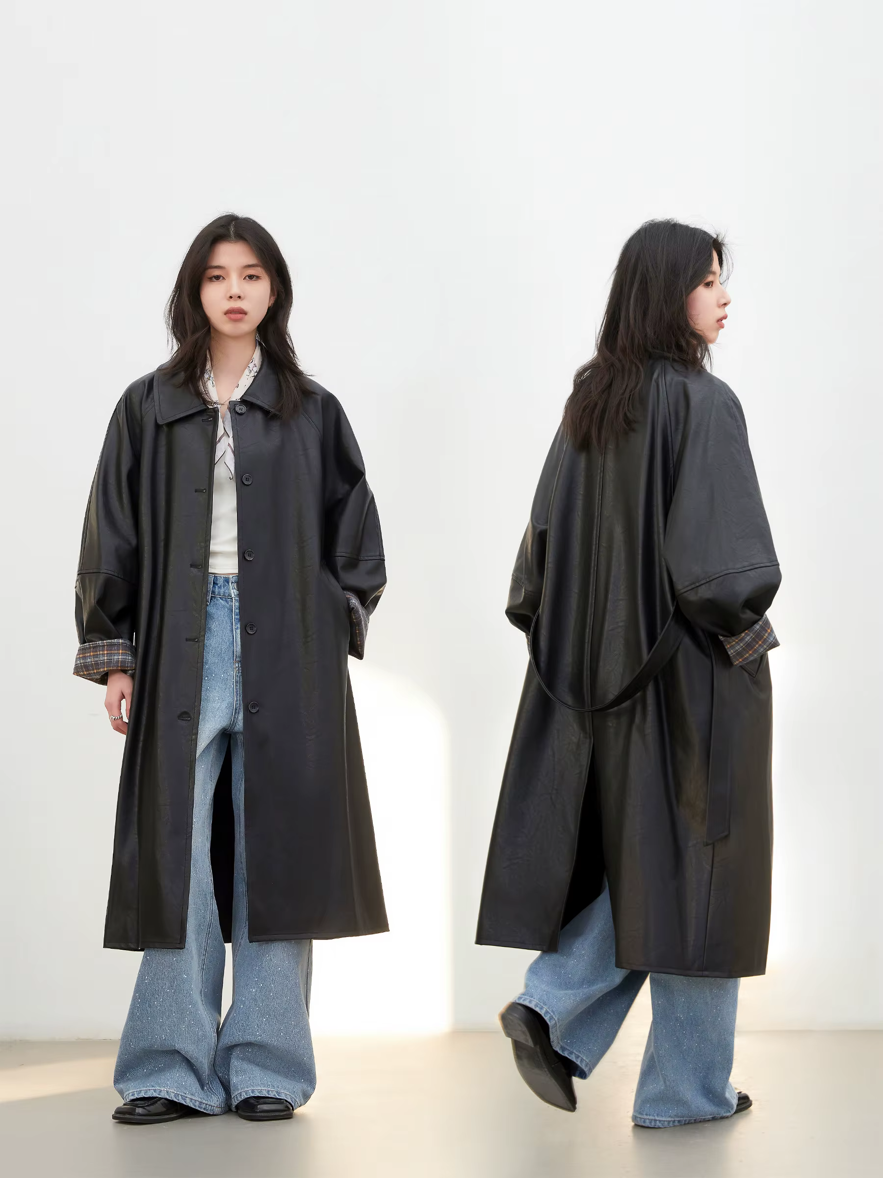 Manteau long en PU pour femme CHIC VEN, nouveau modèle décontracté avec ceinture, en similicuir, cou
