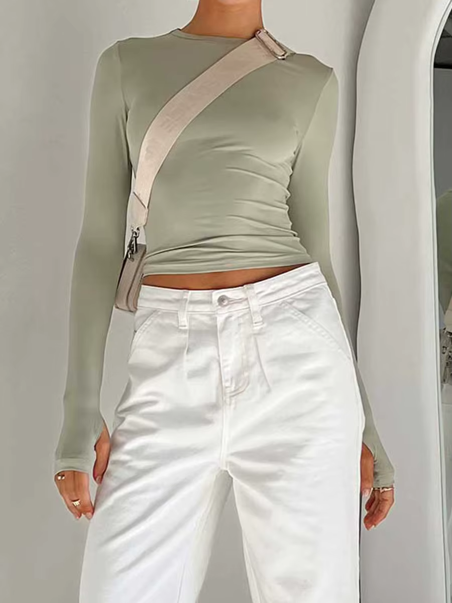 Mode femmes T-shirt à manches longues col rond solide coupe ajustée dames haut court avec trous pour
