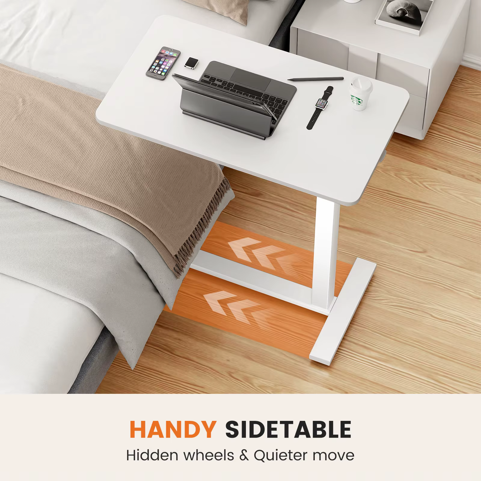 JHK – Table de chevet avec roulettes cachées, hauteur réglable, pour usage domestique, ordinateur po
