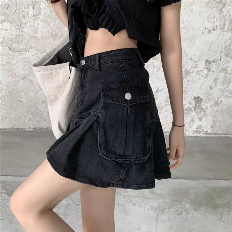 Jupes en Jean noires pour femmes, Streetwear, taille haute, courtes, Slim, Sexy, plissée, avec poche