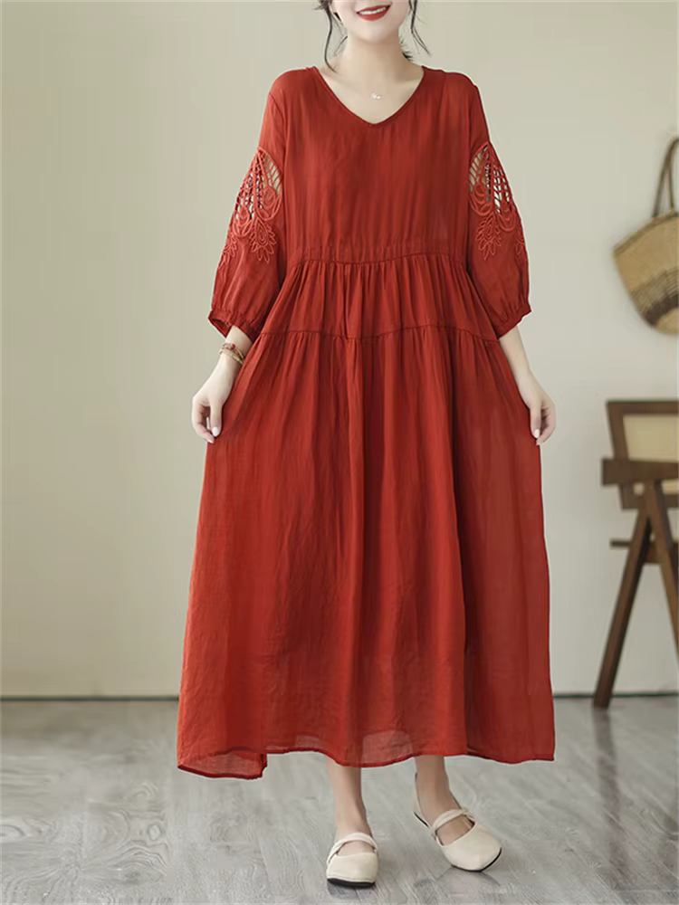 Robes d'été vintage de couleur unie pour femmes 2026 – Robe longue décontractée et respirante, éléga