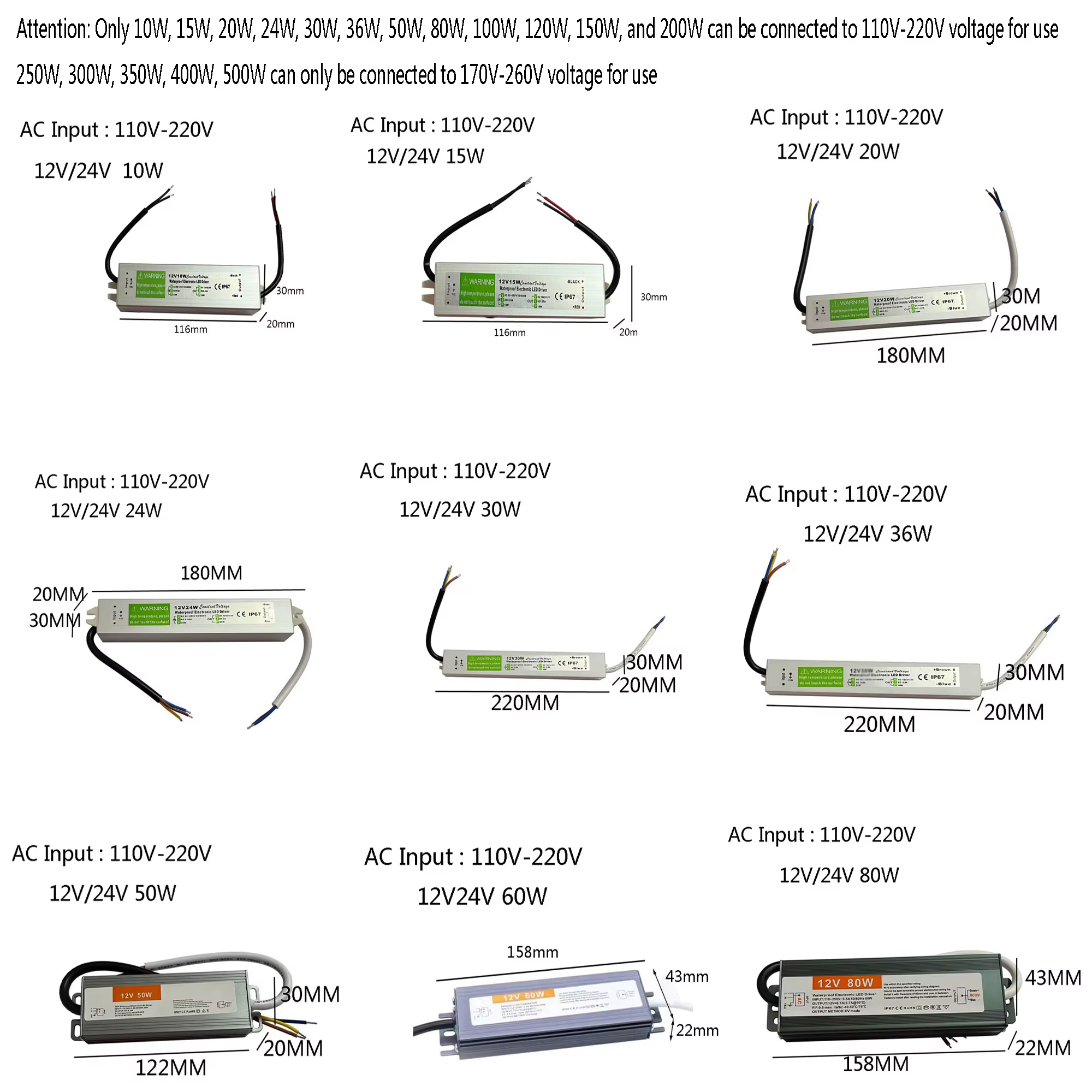 Transformateur d'éclairage étanche IP67, AC110V ~ 220V à DC 12V 24V, pilote LED 10W 20W 50W 100W 400