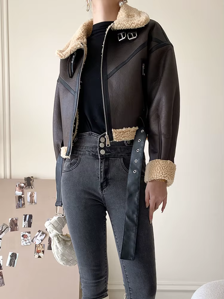 Ailegogo en Fausse Fourrure d'Agneau pour Femme, Streetwear Rétro, Veste avec Ceinture à Fermeture É