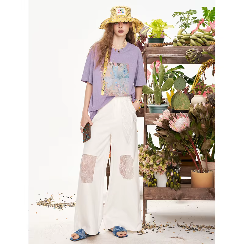 ELFSACK T-shirt surdimensionné à imprimé sirène pour femme, tee-shirt violet délavé vintage avec mot