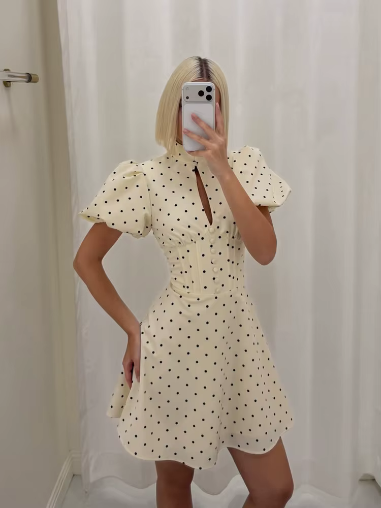 Robe Courte Rétro à Pois Coupe Trapèze pour Femme, Élégante, Col Montant, Manches Courtes Bouffantes