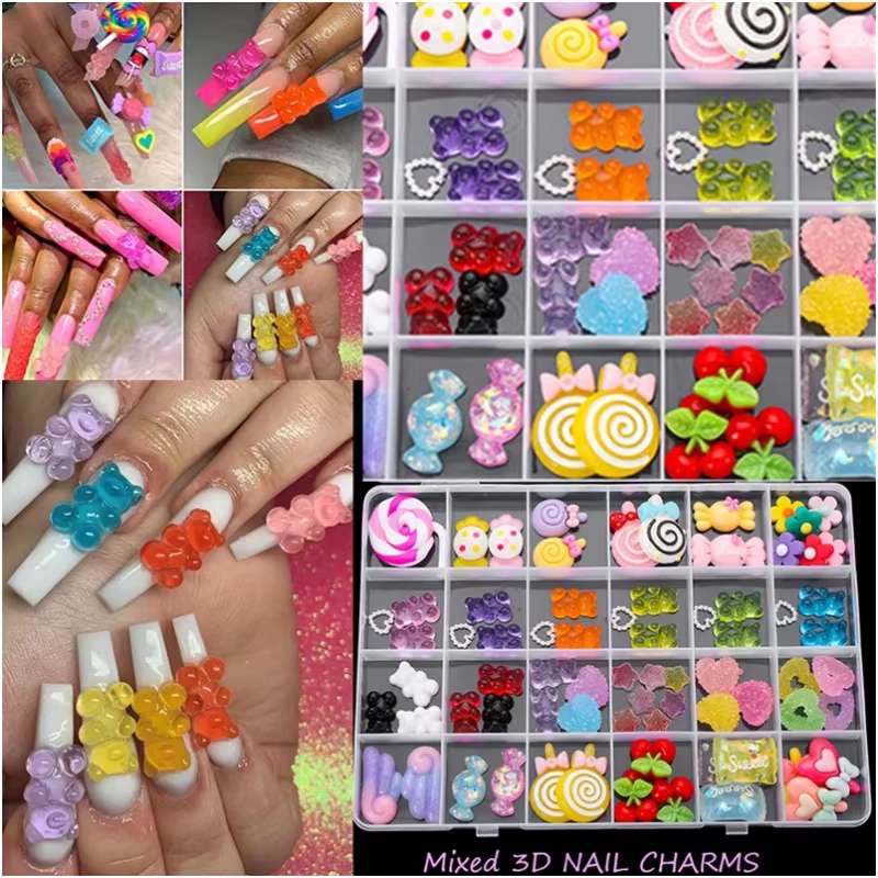 Breloques multi-formes Kawaii pour Nail Art, 20 pièces, bonbons sucrés, ours gommeux, sucette en rés