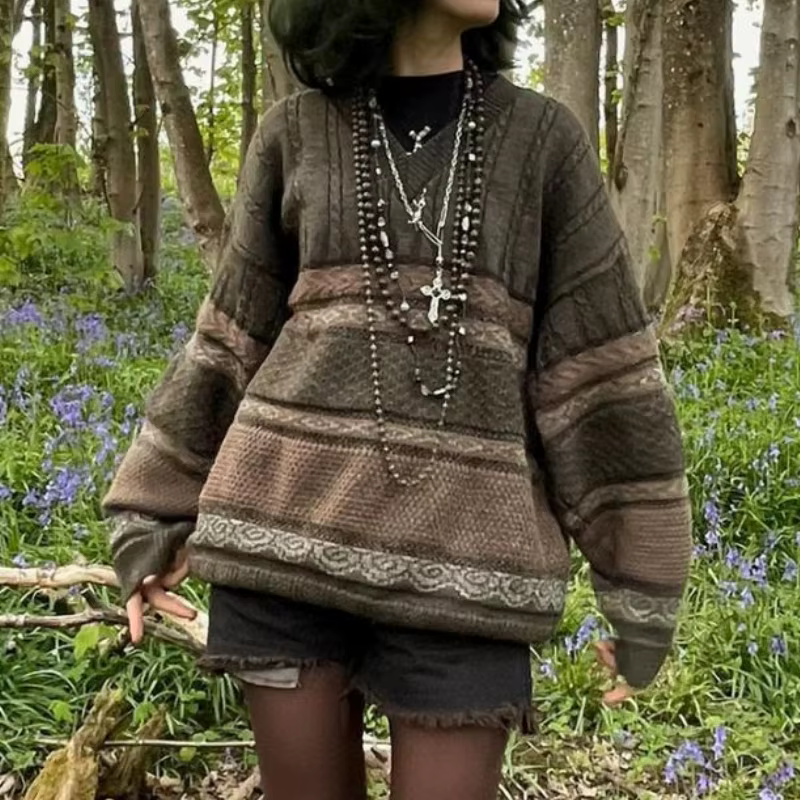 Dourbesty-Pull rayé à manches longues et col rond pour femmes, Pull de style preppy, Tricots grunge