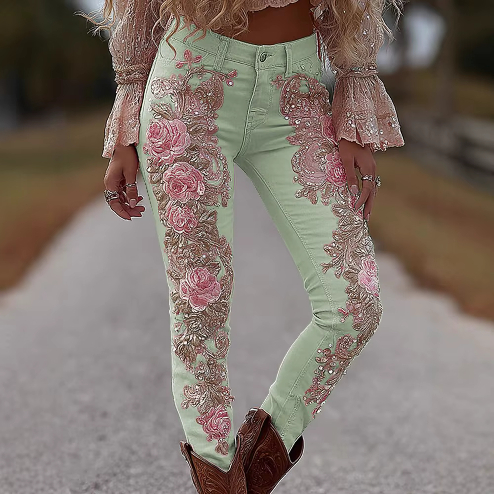 Pantalon en jean extensible pour femmes, imprimé floral 3D, coupe droite, décontracté