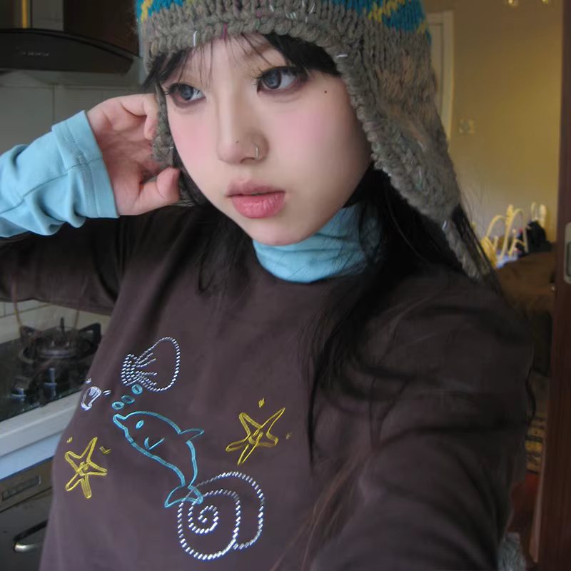 Karrram japonais Y2k col roulé T-shirt Grunge esthétique Patchwork hauts Vintage diamant imprimé à m