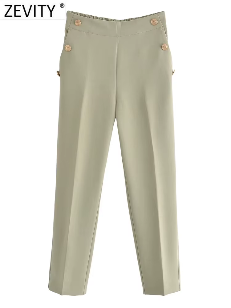 Zevity-Pantalon Crayon Décontracté pour Femme, Mode, Solide, Document, lèvent Dorés, Chic, Longueur