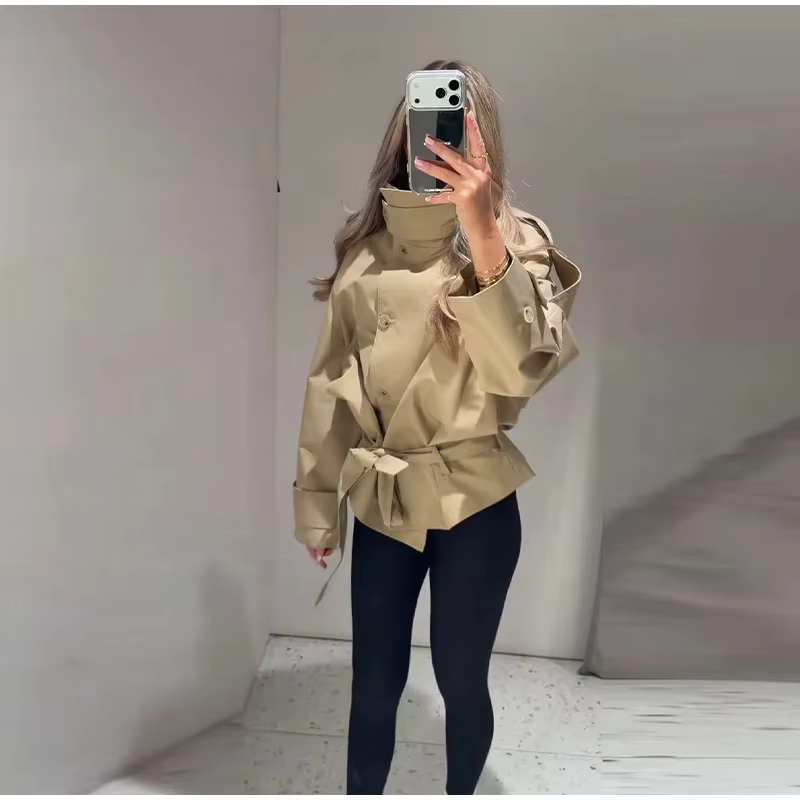 Manteau pour femme, style printemps 2026, kaki, manches longues, col montant, ceinture, trench court