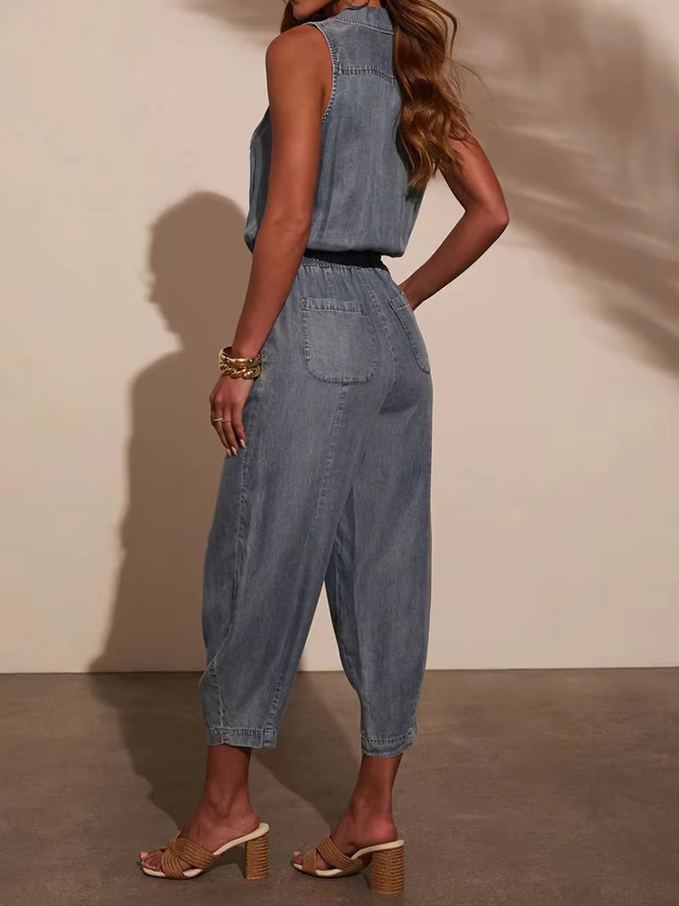 Jumpsutis chics en Patchwork de boutons à col en V, combishorts d'été sans manches pour femmes, nouv