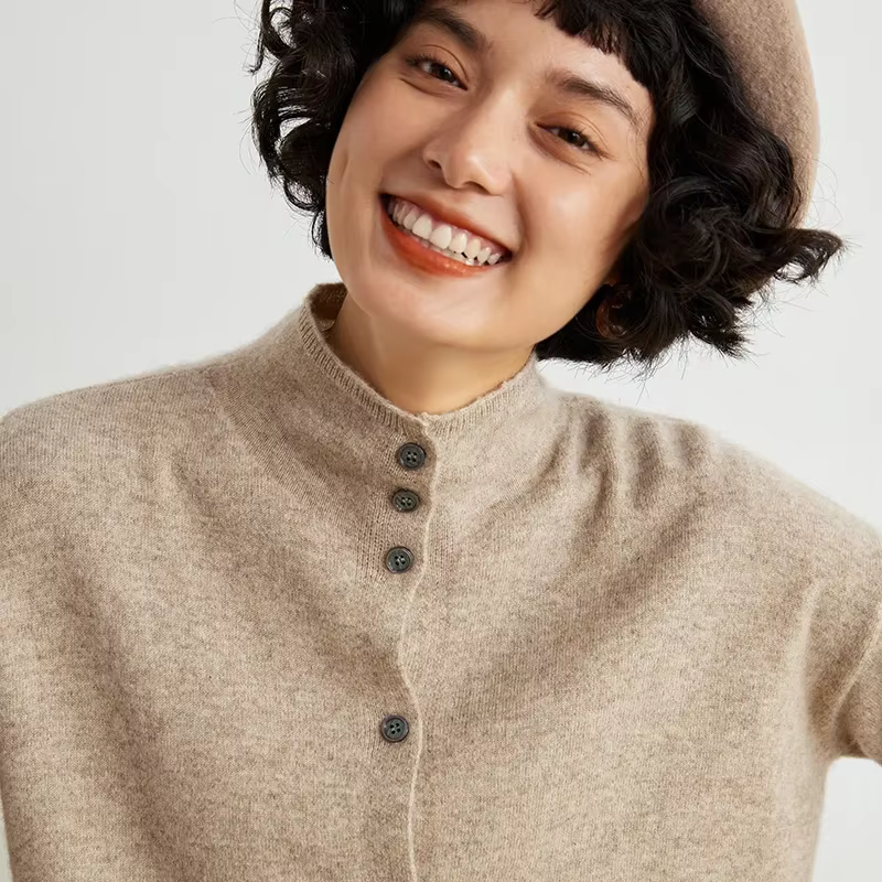 Cardigan en laine pour femmes, coupe cintrée, col Semi-haut, couleur unie, manches longues, pull tri