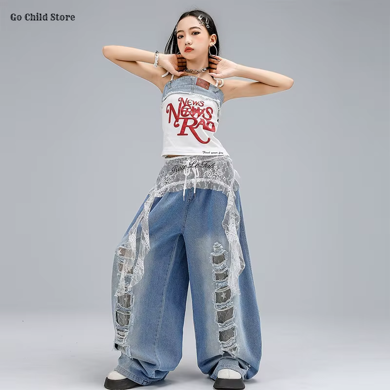 Filles Hip Hop Crop Débardeur Débardeur Déchiré Jeans Enfants K-pop Cami Top Denim Pantalon Street D
