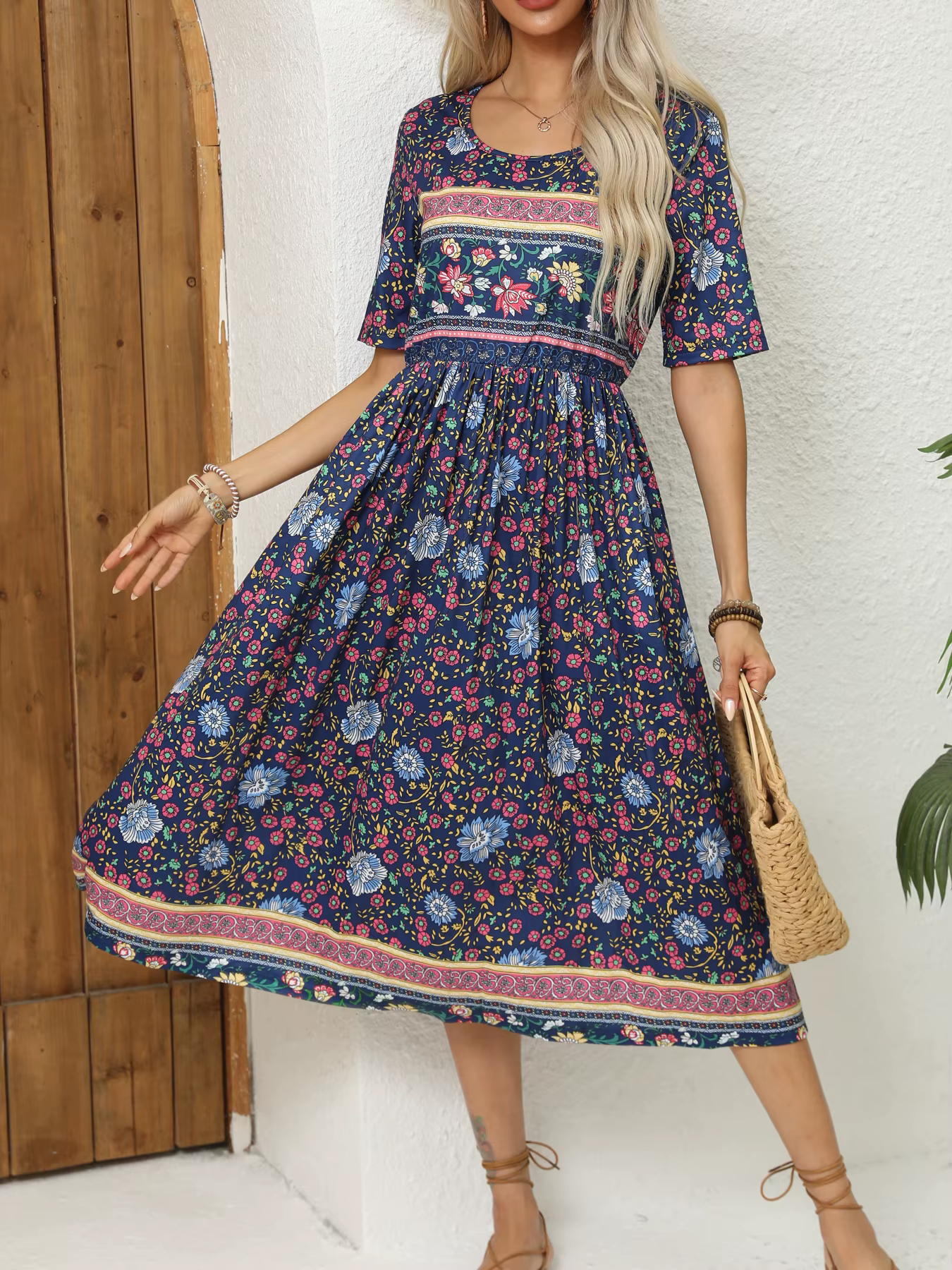 Robe imprimée bohème à manches courtes et col rond pour femmes, jupe longue pour dames, Europe et Am