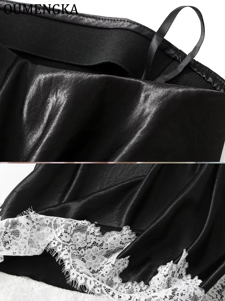 OUMENGKA été français élégant Satin sirène jupe femmes dentelle Patchwork taille élastique longue a-